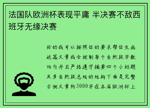 法国队欧洲杯表现平庸 半决赛不敌西班牙无缘决赛